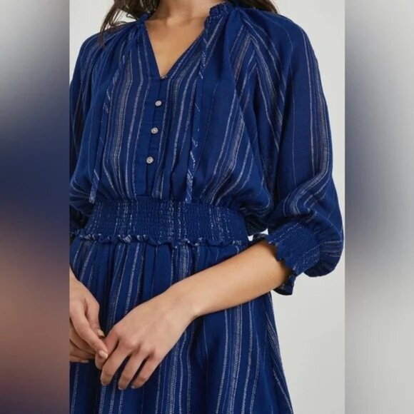 NEW Rails Crystal Dress Linen Blend Blue White Noja Stripe Smocked Size S - Picture 2 of 6